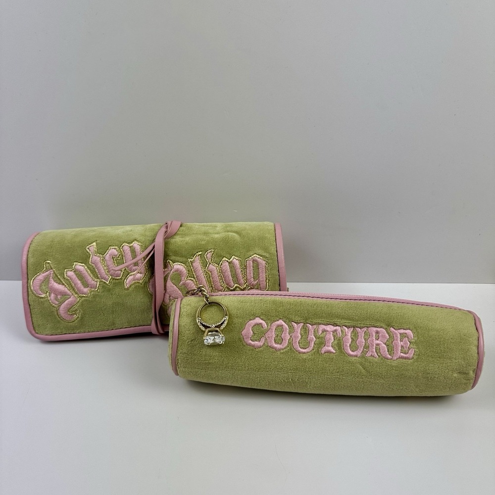 Y2K Vtg Juicy Couture 2pc Velour Cosmetic Organizer Jewelry Roll Bag JUICY BLING